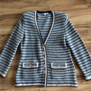 Veronica Beard Sweater Jacket in Blue, Cream, and Gold Pattern